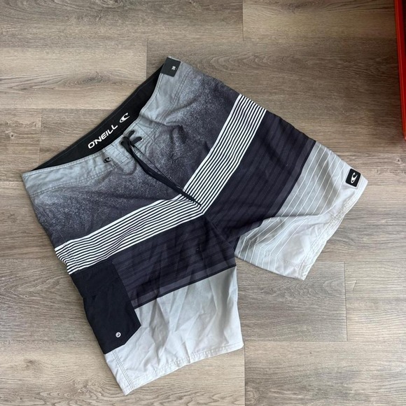 O'Neill Other - ONeill Mens Black White Gray Striped Board Shorts Adjustable Waist Size 38